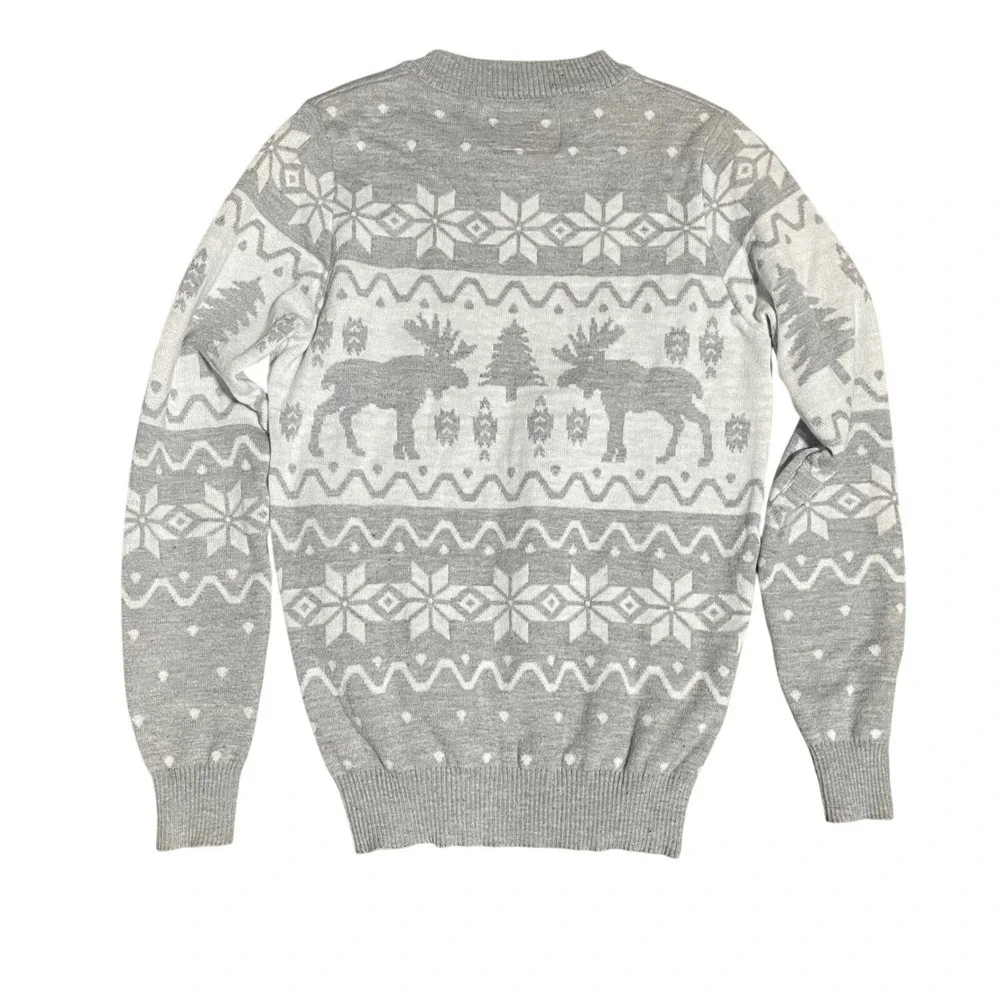 Tipsy Elves Mens Small Grey White Fair Isle Moose Snowflake Winter Sweater Small